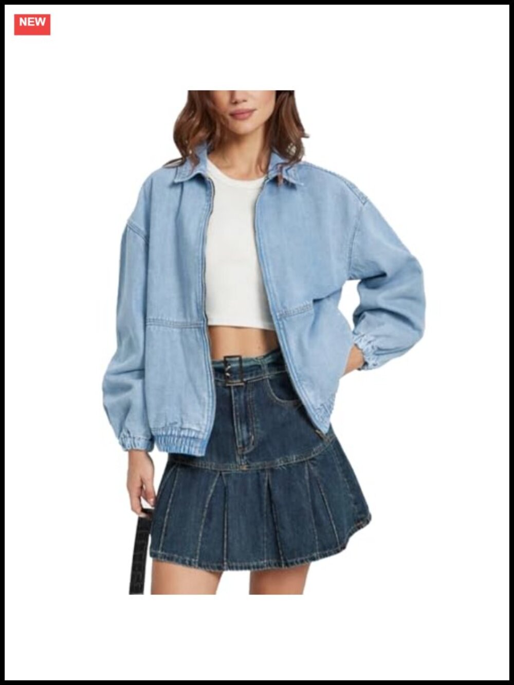 Oversized Denim Jacket Zip Up Elastic Hem Loose Fit Bomber Cotton Blend